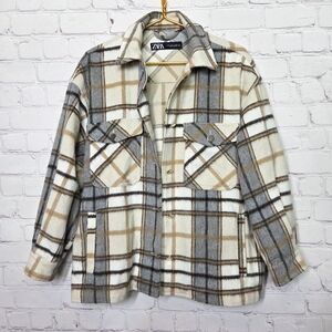 Zara Plaid Jacket in Gray and Tan Shacket Wool Blend